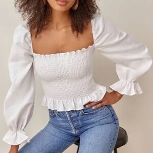 Reformation Tangerine White Smocked Blouse with Square Neck